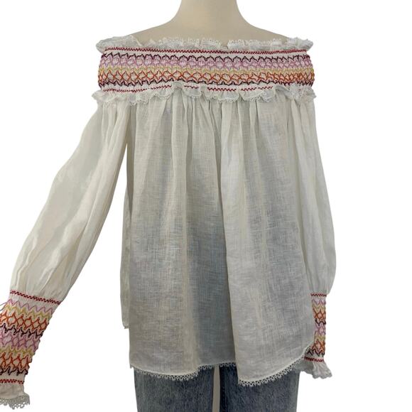 Zimmermann Goldie Rainbow Off The Shoulder Smocked White Linen Blouse Top Size 1 - Picture 1 of 11